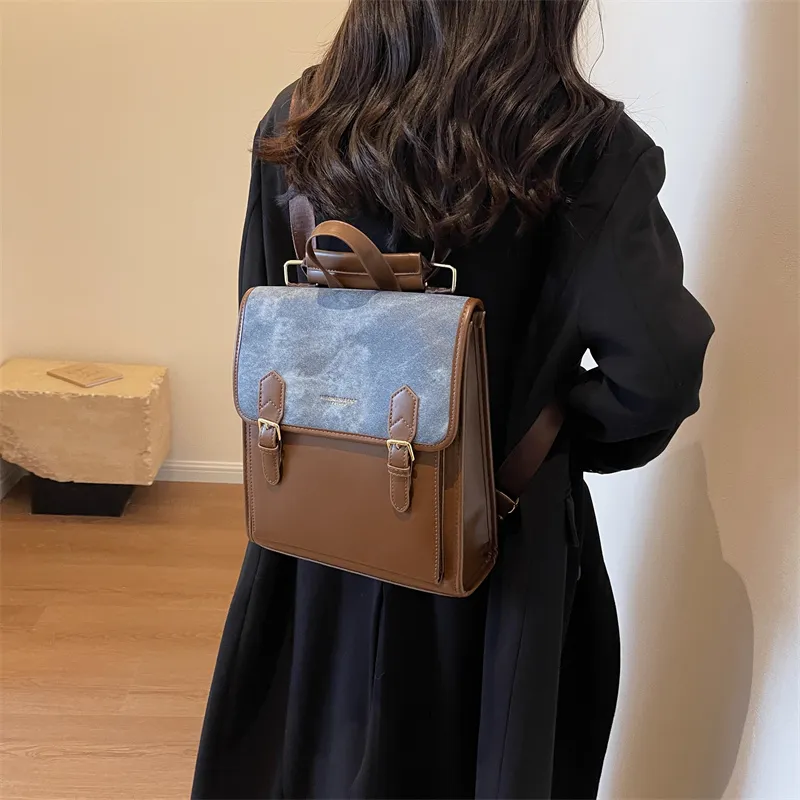 Dusen Kangaroo PU Backpack Women's Black/Coffee/Brown-11