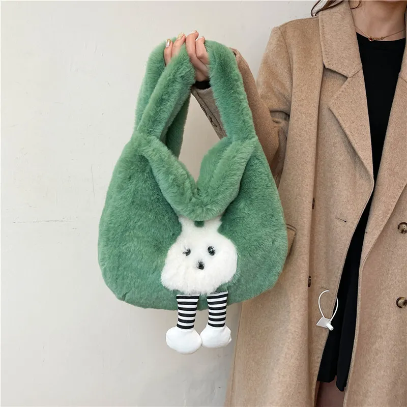 Dusen Kangaroo Plush Shoulder Bag Women's White/Gray/Khaki/Green/Pink-16