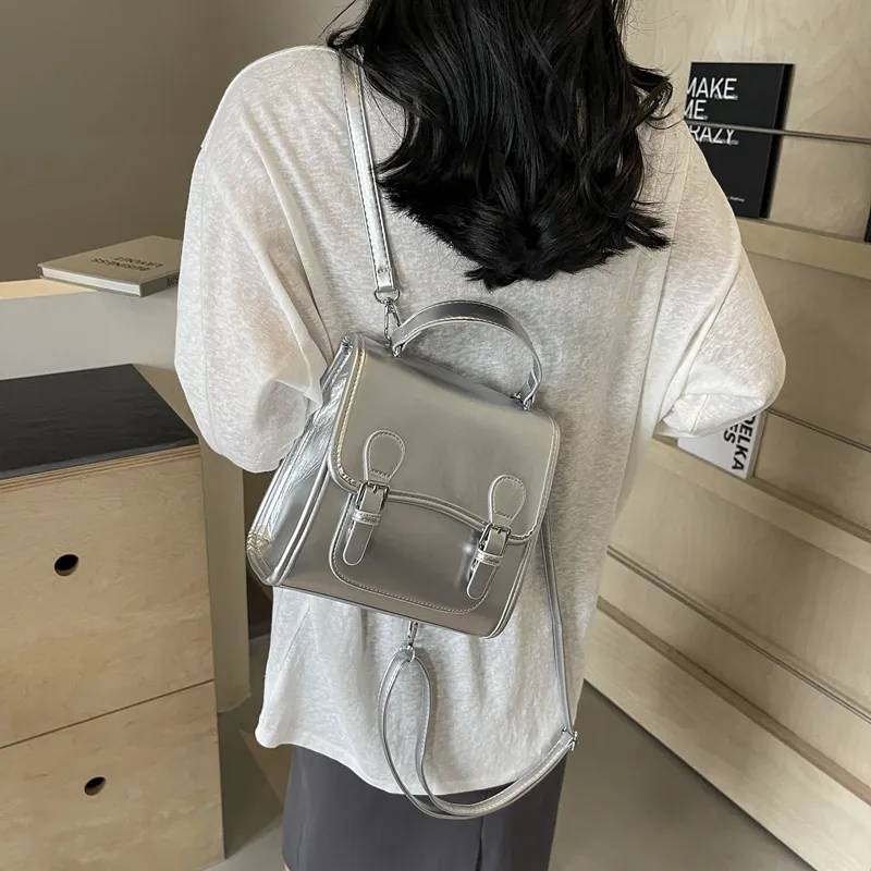 Dusen Kangaroo PU One Shoulder Portable Backpack Women's White/Silver/Burgundy/Black-11