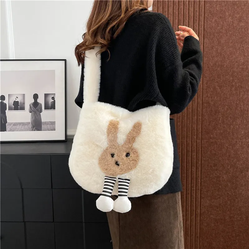 Dusen Kangaroo Plush Shoulder Bag Women's White/Gray/Khaki/Green/Pink-2