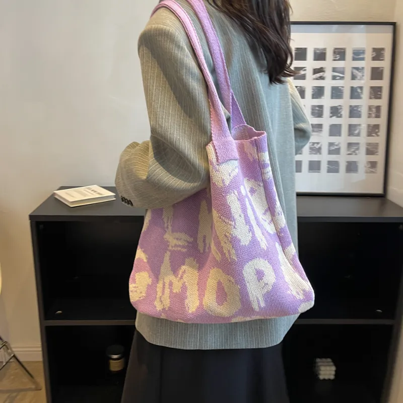 Dusen Kangaroo Knitted Fabric Shoulder Bag Regular Women's Black/Violet/Beige/Pink/Green & White/Green & Pink-7