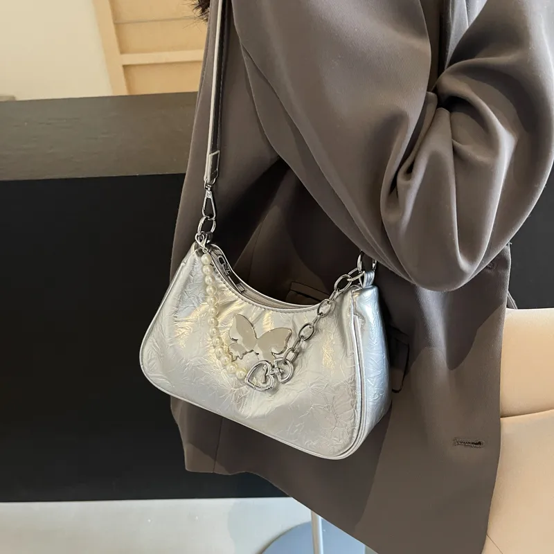 Dusen Kangaroo PU Shoulder Bag, Crossbody Bag Regular Women's Silver/Black/Pink/Ecru-6