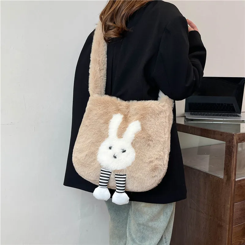 Dusen Kangaroo Plush Shoulder Bag Women's White/Gray/Khaki/Green/Pink-12