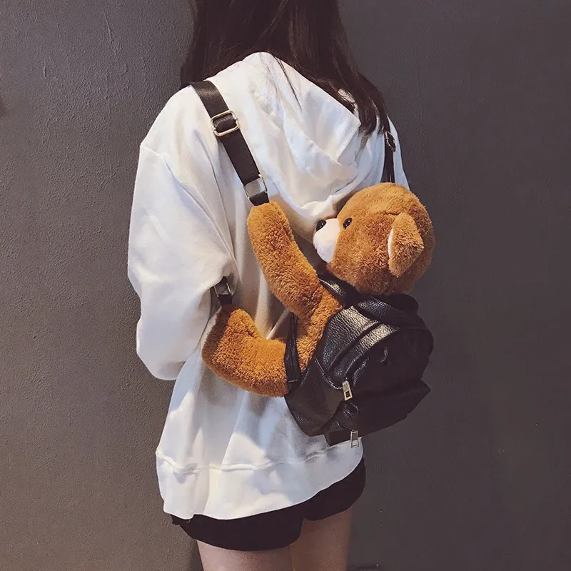Dusen Kangaroo Plush With PU Backpack Regular Women's Light Brown-3