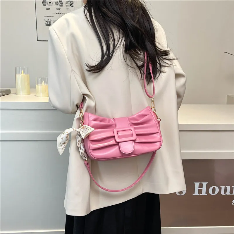Dusen Kangaroo PU Shoulder Bag Women's White/Black/Ecru/Khaki/Blue/Pink-29