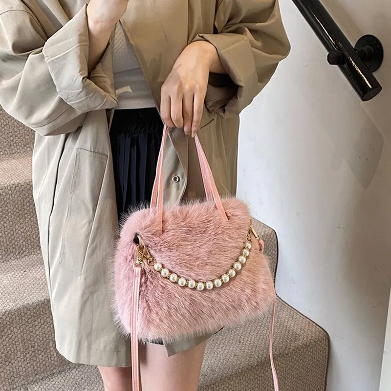 Dusen Kangaroo Plush Shoulder Bag, Crossbody Bag, Handbag Women's Ecru/Black/Coffee-15