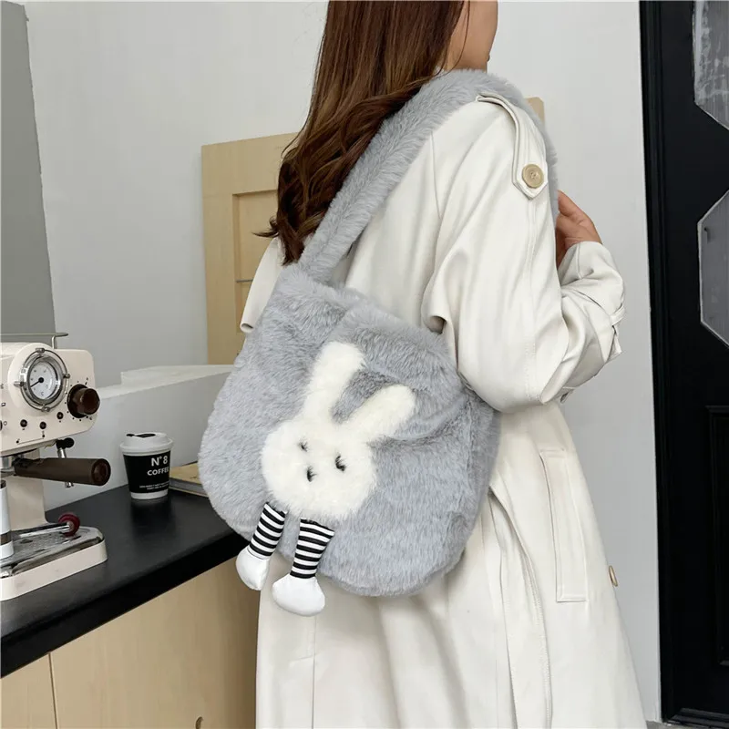 Dusen Kangaroo Plush Shoulder Bag Women's White/Gray/Khaki/Green/Pink-9