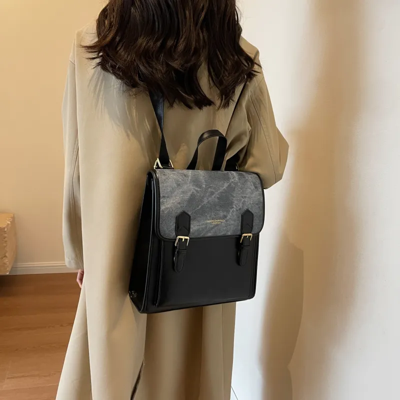 Dusen Kangaroo PU Backpack Women's Black/Coffee/Brown-1