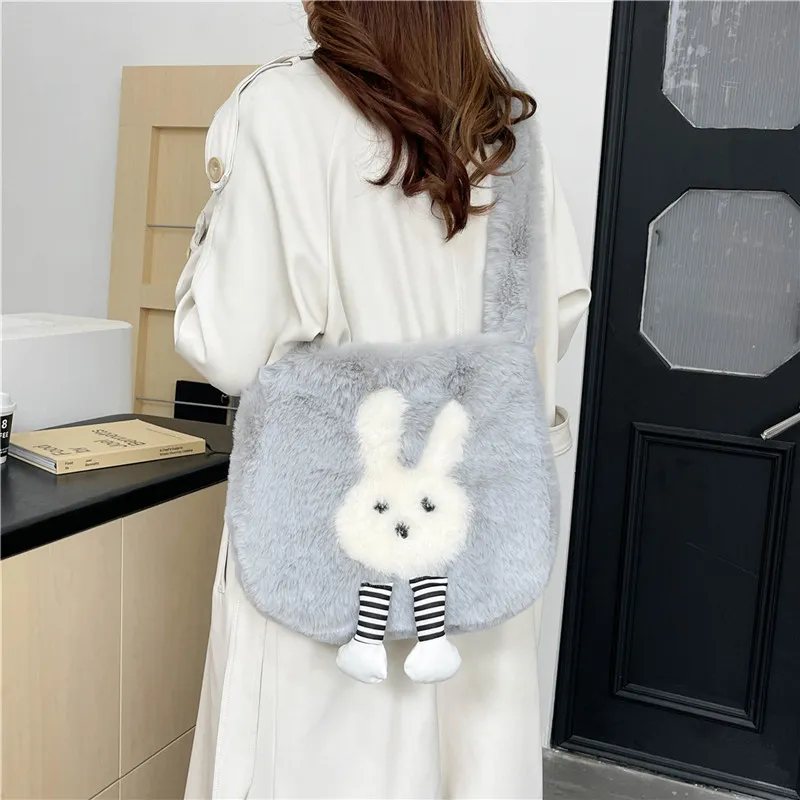 Dusen Kangaroo Plush Shoulder Bag Women's White/Gray/Khaki/Green/Pink-7