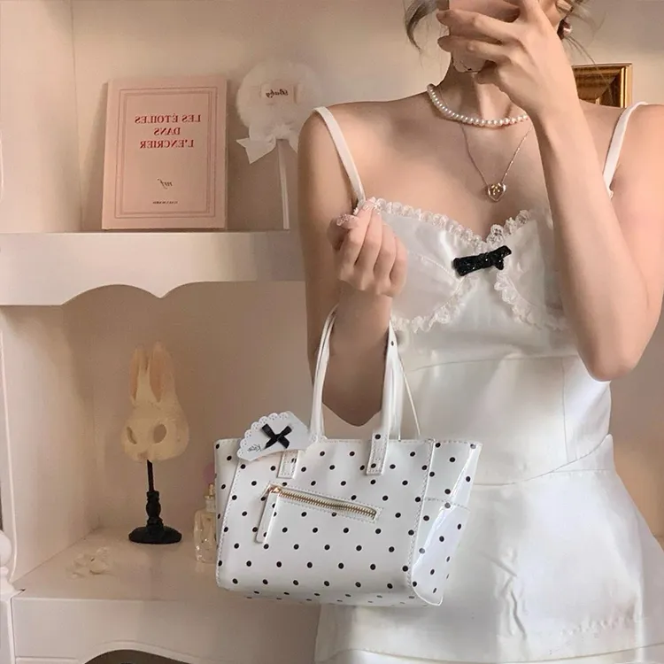 Dusen Kangaroo PU Tote Bag, Shopping Bag, Handbag, Shoulder Bag Small Size Women's Black/White-4