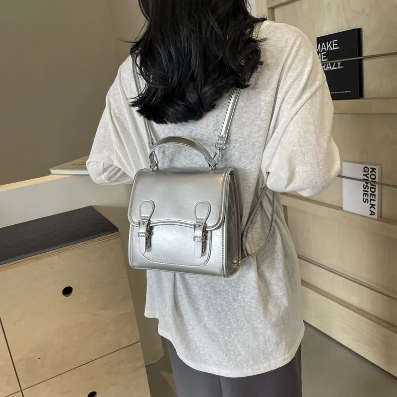 Dusen Kangaroo PU One Shoulder Portable Backpack Women's White/Silver/Burgundy/Black-13