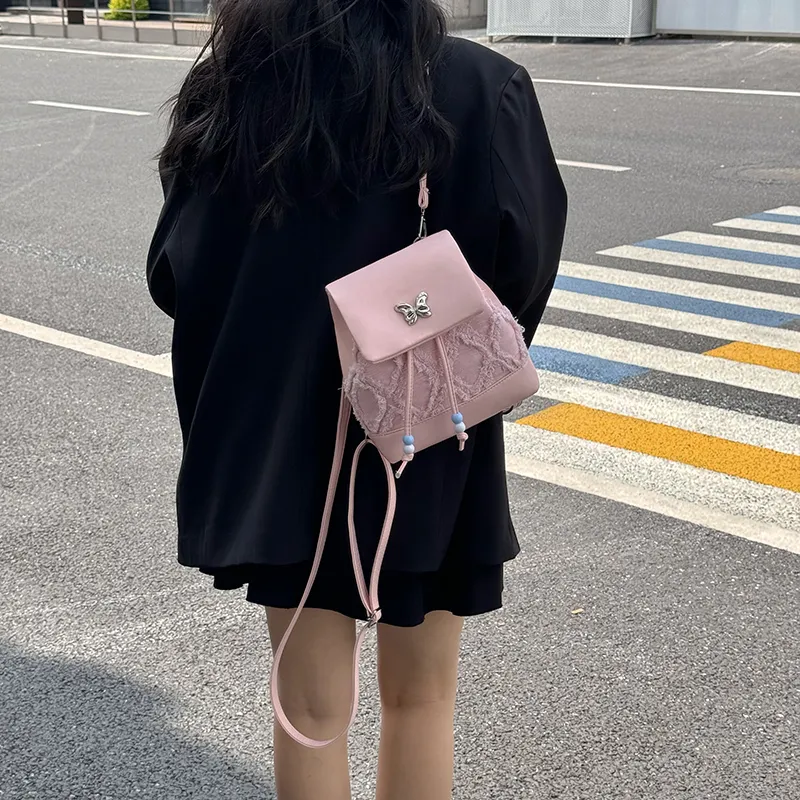 Dusen Kangaroo PU Small Backpack Regular Women's White Black Blue Pink-19