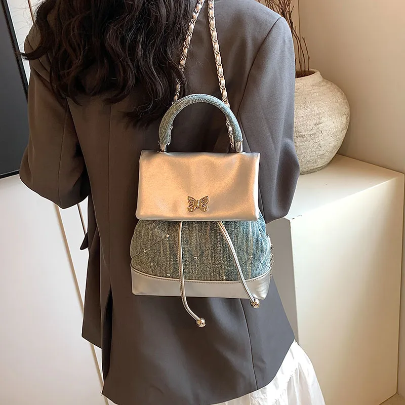 Dusen Kangaroo PU Backpack Regular Women's Silver/Green/Pink-6