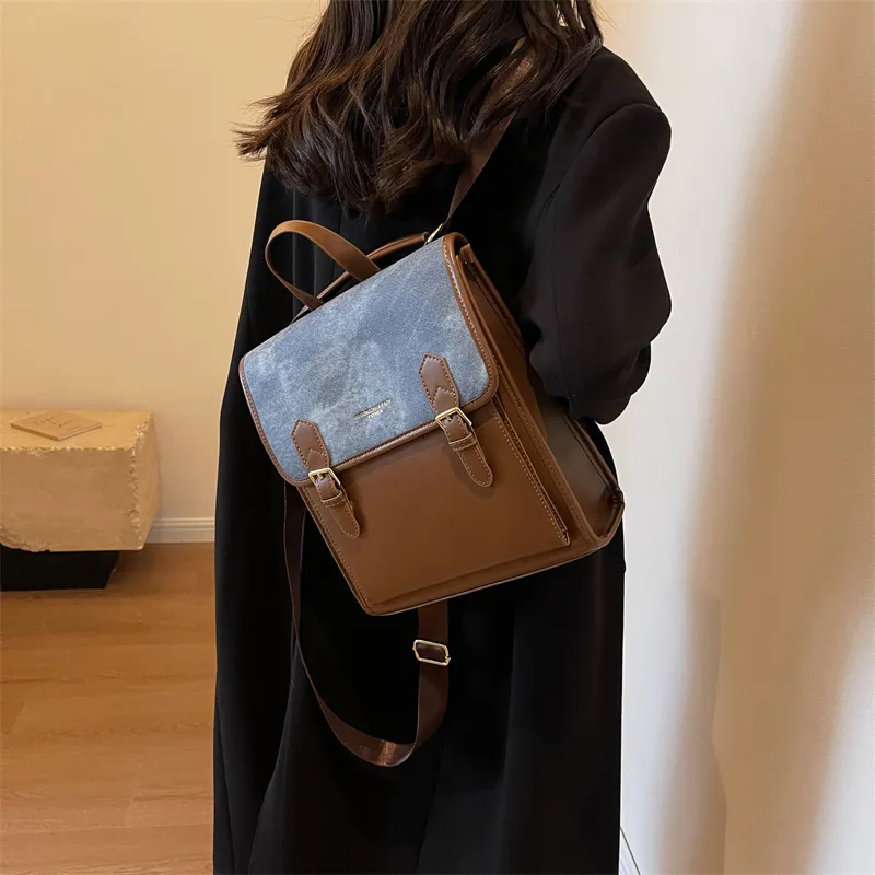 Dusen Kangaroo PU Backpack Women's Black/Coffee/Brown-7
