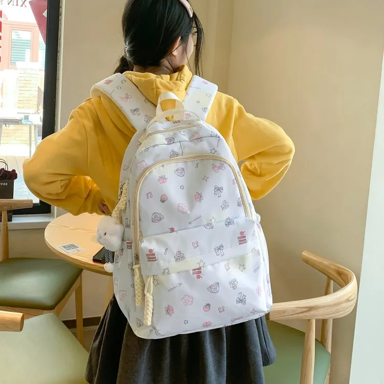 Dusen Kangaroo Nylon Fabric Backpack Regular Unisex White/Pink/Blue-9