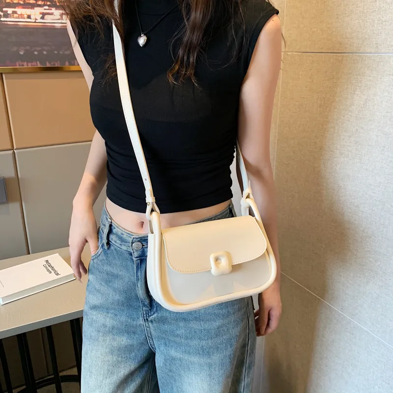 Dusen Kangaroo PU Shoulder Bag Medium Size Women's White/Black/Khaki-10
