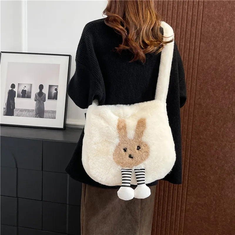 Dusen Kangaroo Plush Shoulder Bag Women's White/Gray/Khaki/Green/Pink-3