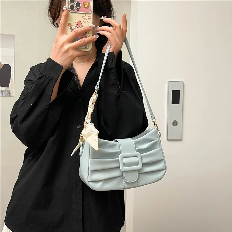 Dusen Kangaroo PU Shoulder Bag Women's White/Black/Ecru/Khaki/Blue/Pink-24