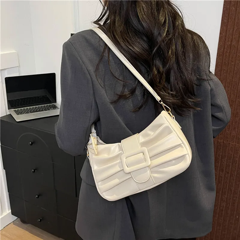 Dusen Kangaroo PU Shoulder Bag Women's White/Black/Ecru/Khaki/Blue/Pink-10