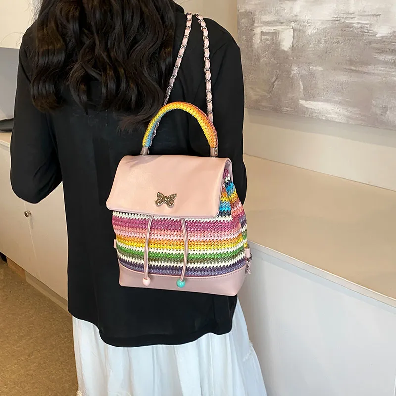 Dusen Kangaroo PU Backpack Regular Women's Silver/Green/Pink-11