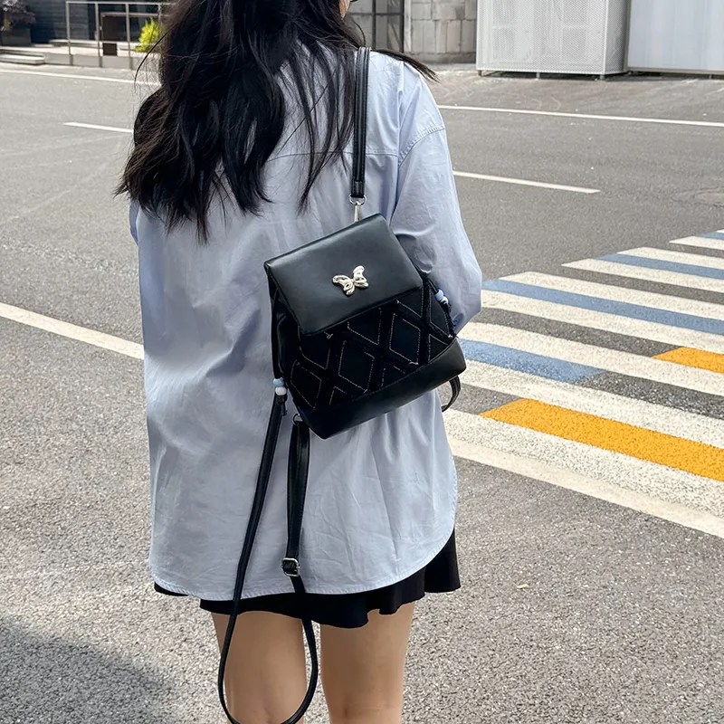 Dusen Kangaroo PU Small Backpack Regular Women's White Black Blue Pink-7