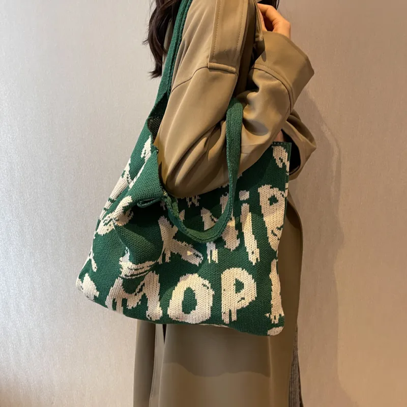 Dusen Kangaroo Knitted Fabric Shoulder Bag Regular Women's Black/Violet/Beige/Pink/Green & White/Green & Pink-27