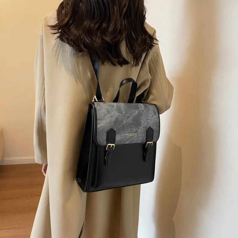 Dusen Kangaroo PU Backpack Women's Black/Coffee/Brown-2