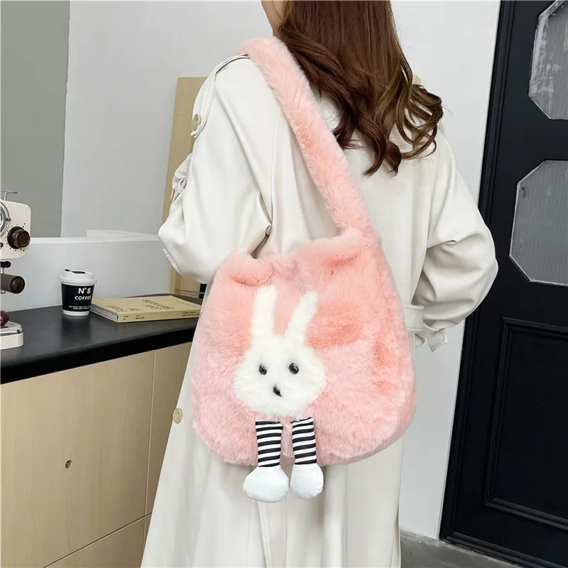 Dusen Kangaroo Plush Shoulder Bag Women's White/Gray/Khaki/Green/Pink-26