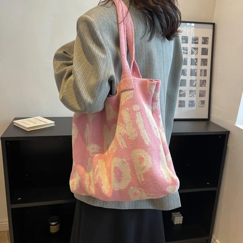 Dusen Kangaroo Knitted Fabric Shoulder Bag Regular Women's Black/Violet/Beige/Pink/Green & White/Green & Pink-20