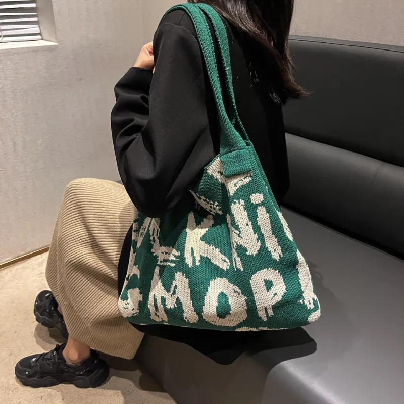 Dusen Kangaroo Knitted Fabric Shoulder Bag Regular Women's Black/Violet/Beige/Pink/Green & White/Green & Pink-24