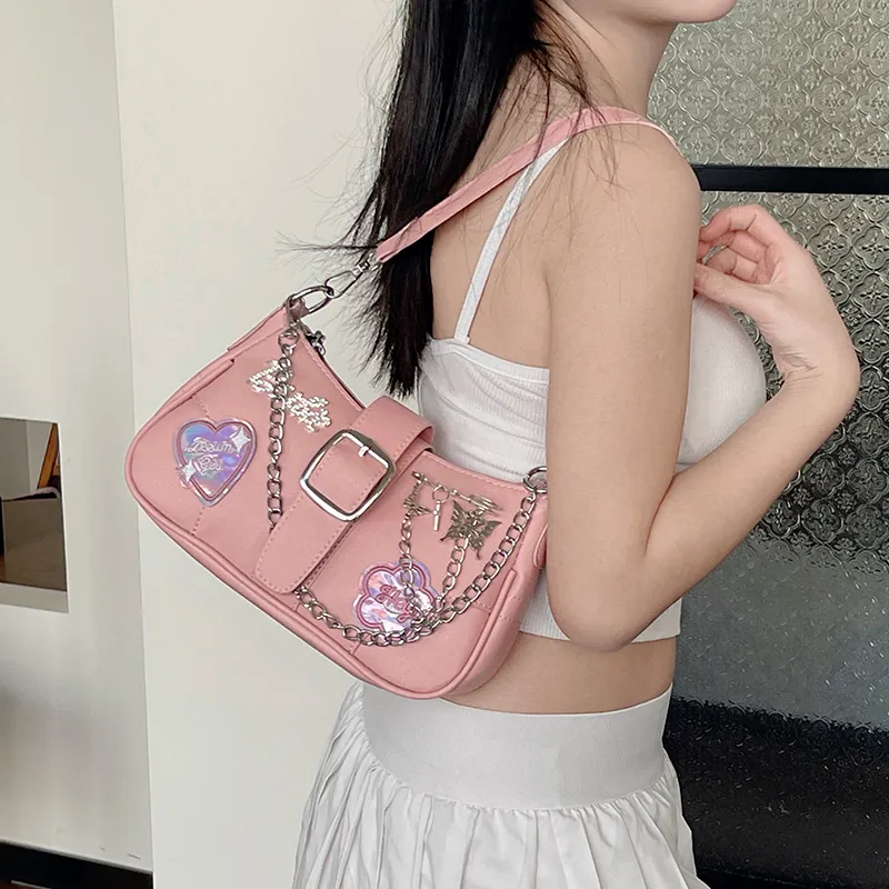 Dusen Kangaroo PU Shoulder Bag Women's Pink-1