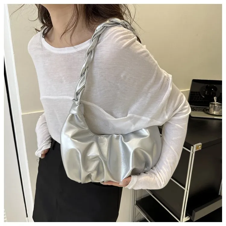 Dusen Kangaroo PU Shoulder Bag Regular Women's White/Silver/Black-6