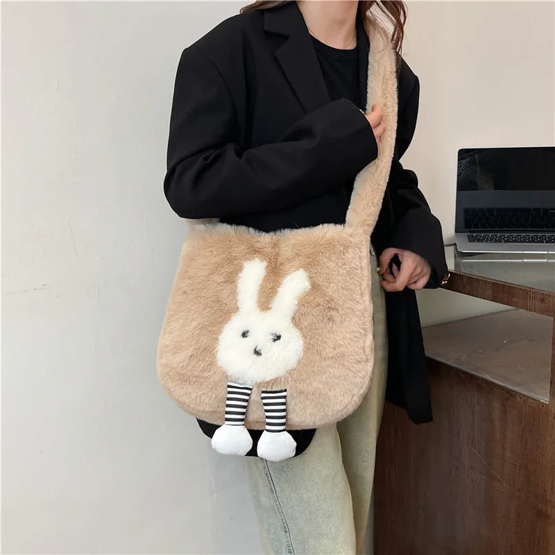Dusen Kangaroo Plush Shoulder Bag Women's White/Gray/Khaki/Green/Pink-11