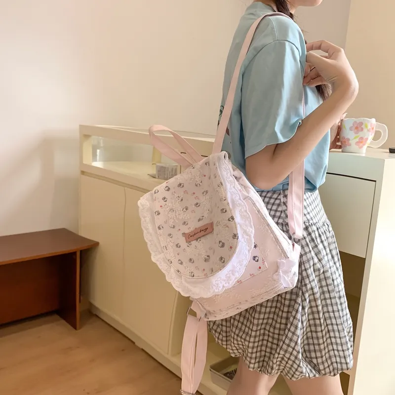 Dusen Kangaroo Composite Cloth Backpack Women's Cartoon Pink/Light Pink Floral/Light Blue Floral-1
