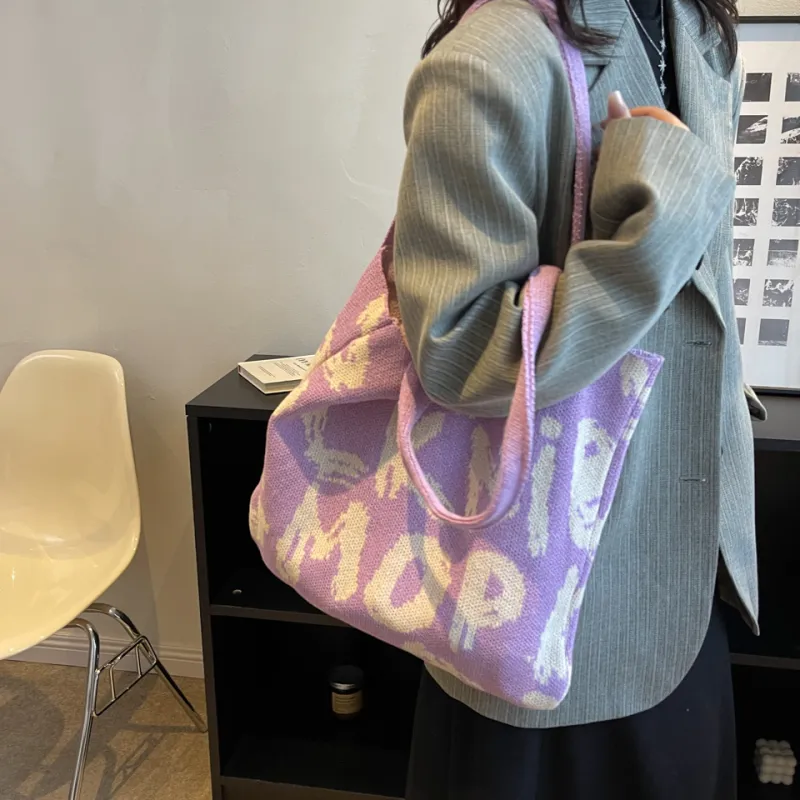 Dusen Kangaroo Knitted Fabric Shoulder Bag Regular Women's Black/Violet/Beige/Pink/Green & White/Green & Pink-11