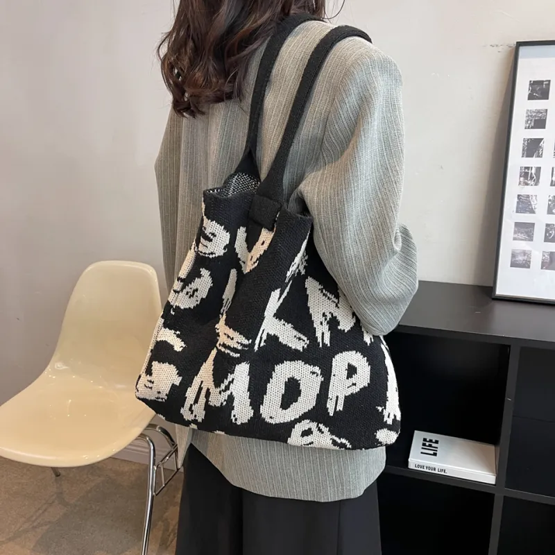 Dusen Kangaroo Knitted Fabric Shoulder Bag Regular Women's Black/Violet/Beige/Pink/Green & White/Green & Pink-4