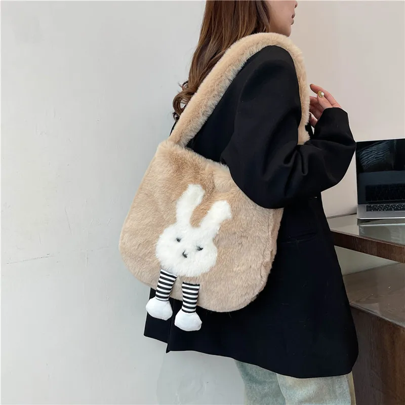 Dusen Kangaroo Plush Shoulder Bag Women's White/Gray/Khaki/Green/Pink-14