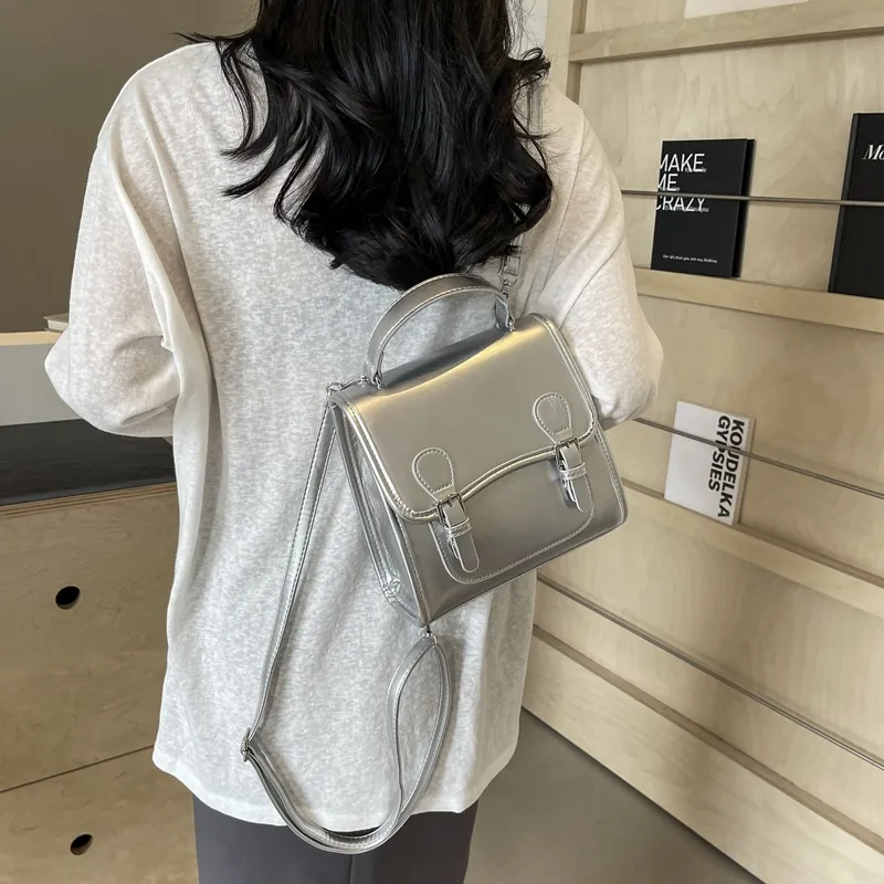 Dusen Kangaroo PU One Shoulder Portable Backpack Women's White/Silver/Burgundy/Black-12