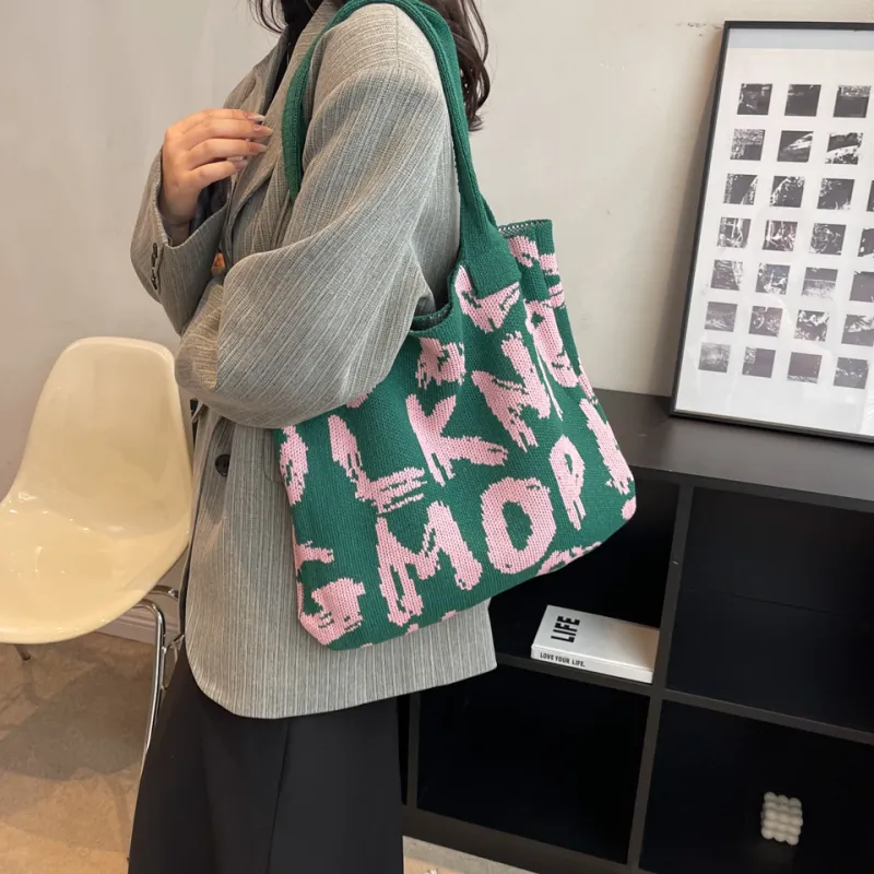 Dusen Kangaroo Knitted Fabric Shoulder Bag Regular Women's Black/Violet/Beige/Pink/Green & White/Green & Pink-30