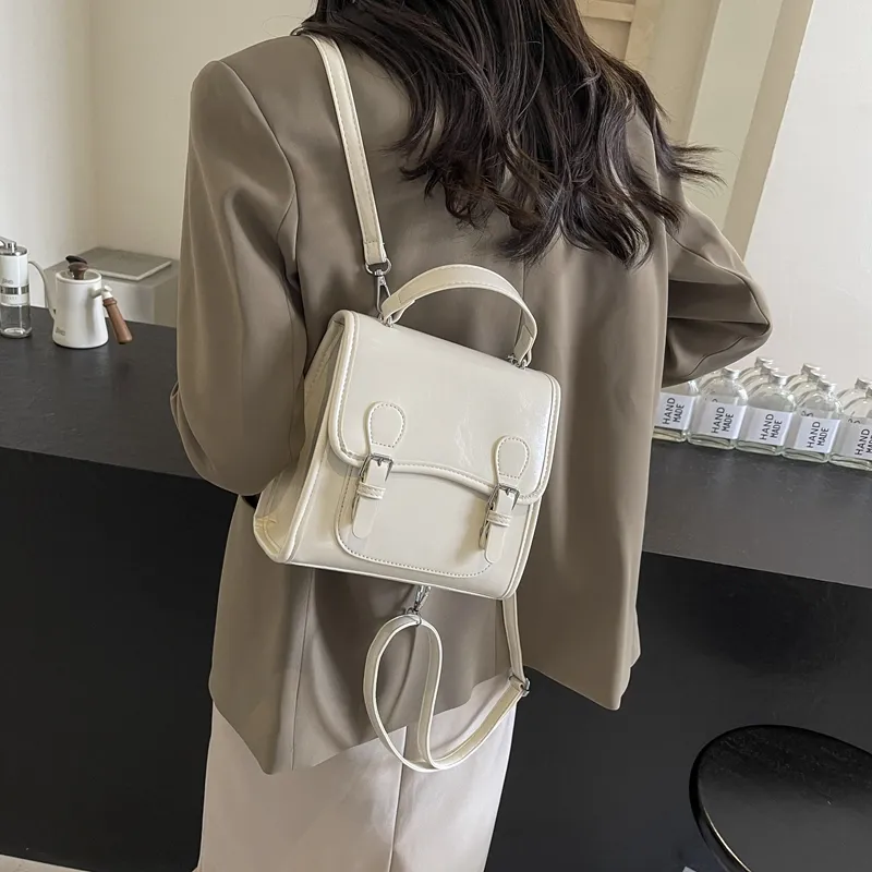 Dusen Kangaroo PU One Shoulder Portable Backpack Women's White/Silver/Burgundy/Black-6