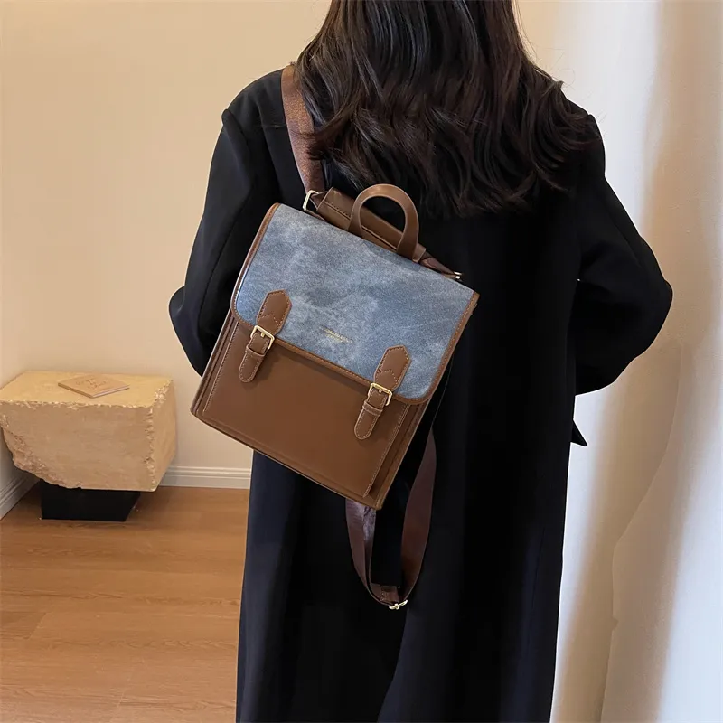 Dusen Kangaroo PU Backpack Women's Black/Coffee/Brown-8
