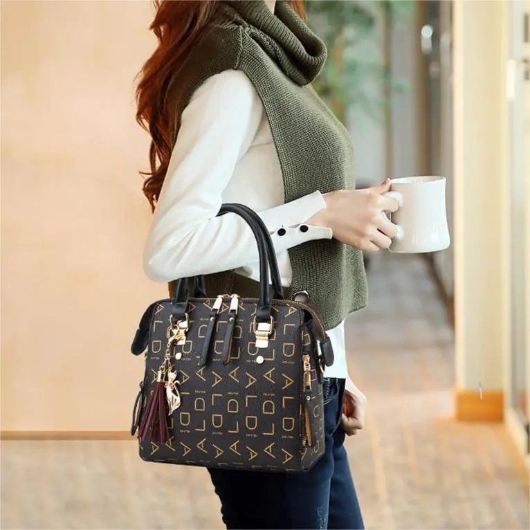 Dusen Kangaroo PU Crossbody Bag, Shoulder Bag, Handbag Medium Size Women's Burgundy/Black/Earth Yellow-7