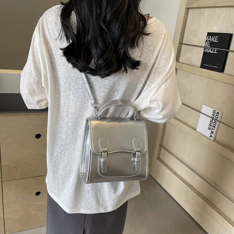 Dusen Kangaroo PU One Shoulder Portable Backpack Women's White/Silver/Burgundy/Black-8
