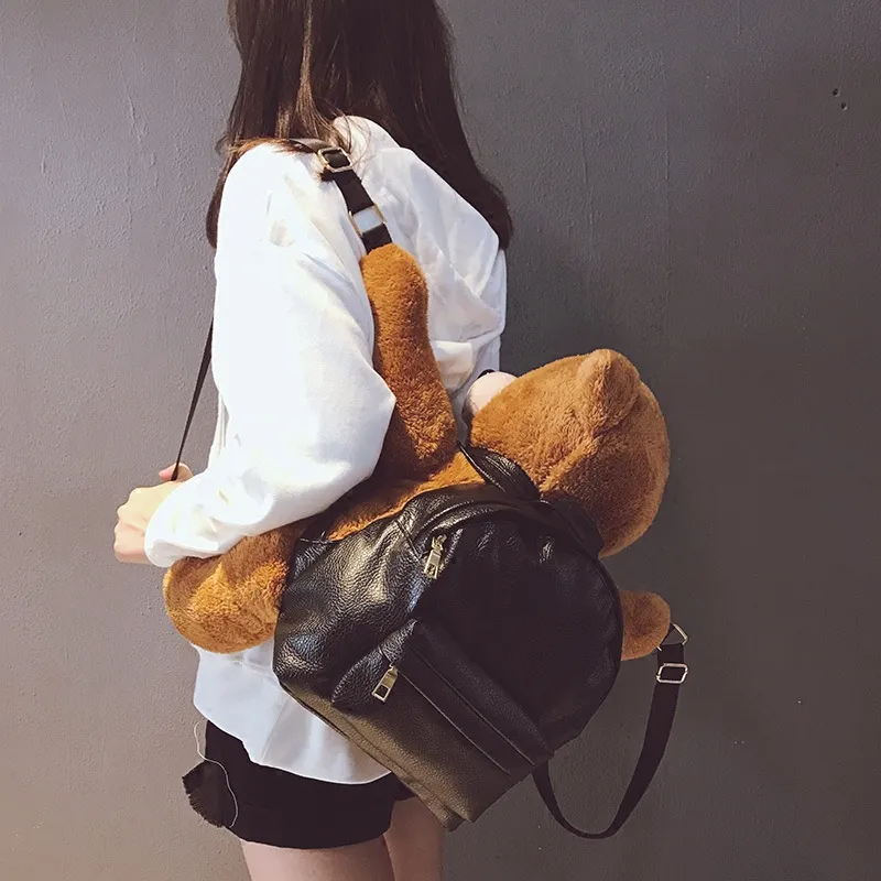 Dusen Kangaroo Plush With PU Backpack Regular Women's Light Brown-2
