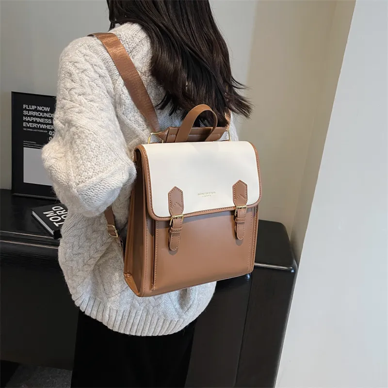 Dusen Kangaroo PU Backpack Women's Black/Coffee/Brown-18
