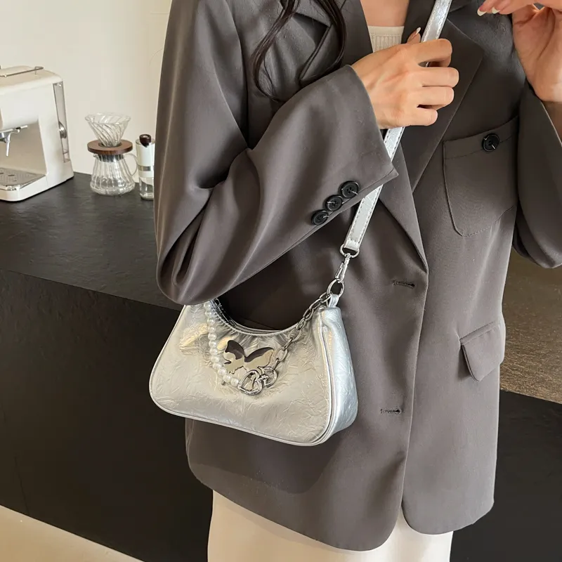 Dusen Kangaroo PU Shoulder Bag, Crossbody Bag Regular Women's Silver/Black/Pink/Ecru-1