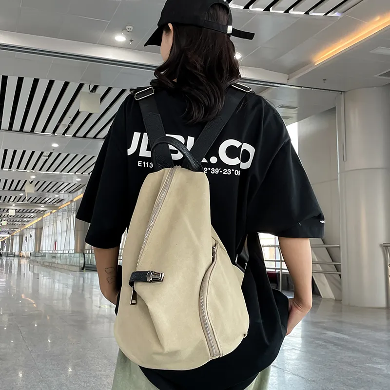Dusen Kangaroo Canvas Backpack Regular Unisex Black/Beige/Khaki-3