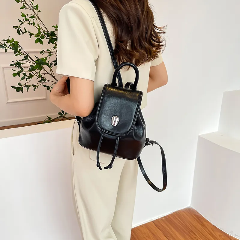 Dusen Kangaroo PU Handbag Small Backpack Regular Women's Ecru/Silver/Black/Pink-14