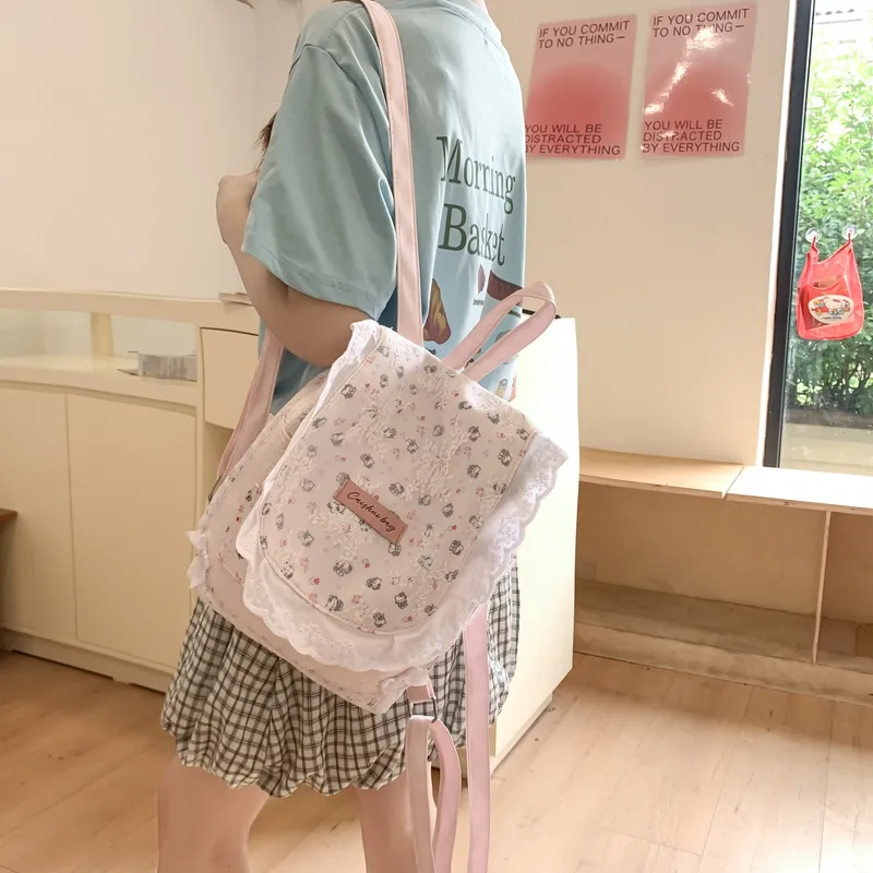 Dusen Kangaroo Composite Cloth Backpack Women's Cartoon Pink/Light Pink Floral/Light Blue Floral-3
