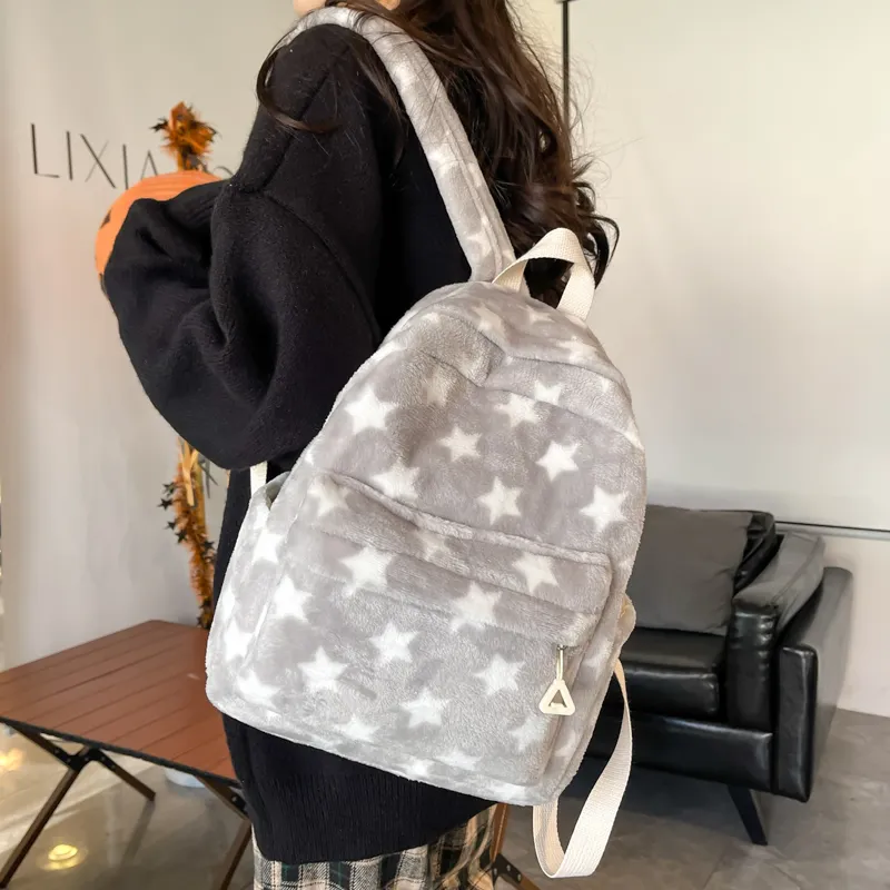 Dusen Kangaroo Velour Backpack Women's Gray/Blue/Coffee-3